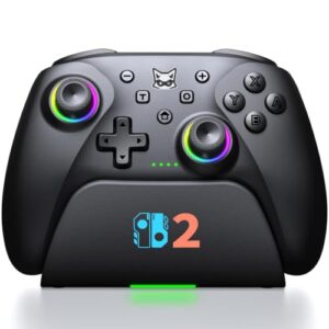 Switch 2 Controller für Switch/OLED/Lite,RGB Lichteffekte Programmierung Pro Controller Wireless mit Ladestation und Turbo, Bluetooth Gamepad mit Hall Joystick Trigger Kein Drift und Dead Zones,Black