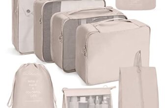 OSDUE Koffer Organizer Set 8-teilig, Packing Cubes, Wasserdichte Reise Kleidertaschen, Packtaschen für koffer, Verpackungswürfel mit Kosmetiktasche, Schuhbeutel, USB Kabel Tasche (Beige)