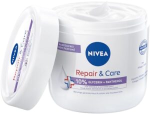 NIVEA Repair & Care Parfümfrei Creme, feuchtigkeitsspendende & nicht fettende Körpercreme, schnell einziehende Lotion mit Panthenol & Glycerin, für sensible & juckende Haut (400 ml)