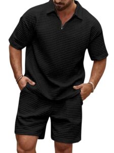JMIERR Herren 2 Pcs Waffel Polosuit Outfit Polo Shirt und Short,Schwarz XL