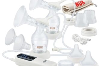 NUK Soft & Easy elektrische Doppel-Milchpumpe | Brustaufsätze aus 100 % Silikon | Klein, leicht und leise | Akku für unterwegs | Brustaufsätze 24 mm & 27 mm | 2x Perfect Match Babyflaschen