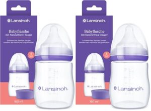 Lansinoh Babyflasche mit NaturalWave Sauger Gr. S, 160 ml – neues kompaktes Design für verbesserte Stabilität – mit stapelbarem Deckel (Packung mit 2)