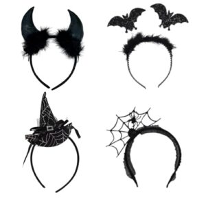 WEITAPYT Halloween Haarreif Set, 4pcs Stirnband Halloween, Teufelshörner, Spinnennetz, Fledermaus Und Hexenhut Stirnband, Geeignet für HalloweenKarneval, SchulauffüHrungen, Maskerade