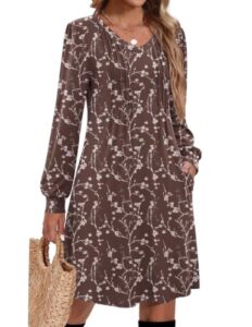 Herbstkleid Damen A Linie Pulloverkleid Plissiert Strickkleid Braundruck L