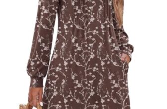 Herbstkleid Damen A Linie Pulloverkleid Plissiert Strickkleid Braundruck L