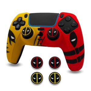 ElitePlay Dpool vs Wolve Anti-Rutsch-Silikon-Schutzhülle für PS5-Controller, weiche Gummi-Schutzhülle für kabellosen PS5-Controller mit Daumengriff-Set, Gelb und Rot