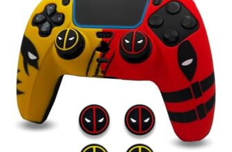 ElitePlay Dpool vs Wolve Anti-Rutsch-Silikon-Schutzhülle für PS5-Controller, weiche Gummi-Schutzhülle für kabellosen PS5-Controller mit Daumengriff-Set, Gelb und Rot
