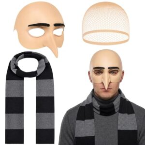 Glatzenkappe, Gru Kostüm, 3 Teiliges Halloween Kostüme Set Inklusive Bald Cap, Schal und Haarnetz, Faschings Kostüm Herren für Verwendung bei Halloween und Partybesuchen Durch Personen ab 15 Jahren