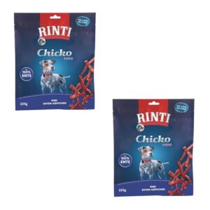 Rinti Chicko Mini Ente | Doppelpack | 2 x 225 g | Ergänzungsfuttermittel für kleine ausgewachsene Hunde | Leicht bekömmlich und gut verdaulich | Zarte Enten Häppchen | Ohne Soja