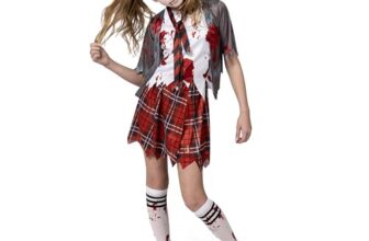 Spooktacular Creations Zombie-Schulmädchen-Kostüm, blutiges Zombie-Kostüm für Kinder, Halloween, Schulmädchen, Event, Party, Verkleidung (grau, groß (10–12 Jahre))