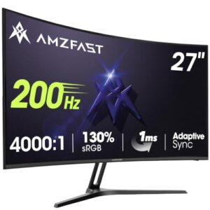 Amzfast 27 Zoll Curved Gaming Monitor 200Hz, 1920×1080 FHD, 4000:1 Contrast, sRGB 130%, HDR, 1ms GtG, Adapive Sync, 1500R, Blaulichtfilter, fur PS5/PC Gaming, VESA 100x100mm, HDMI 2.0&DP 1.4, AMZG27C1