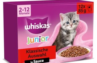Whiskas Junior Katzennassfutter Klassische Auswahl in Sauce, 48 Portionsbeutel, 12x85g (4er Pack) – Hochwertiges Katzenfutter nass, für heranwachsende Katzen von 2 bis 12 Monaten
