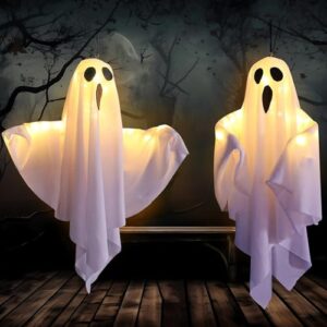 Kuataty 2 Stück Lichterkette Halloween Deko Geist Led Gruselig Hängend Geister mit Licht 3 Modi, Gespenst Halloween Dekoration Innen Outdoor für Party, Garten, Haustür, Terrasse (Weiß)