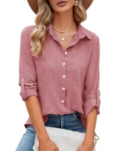 Odosalii T-Shirt Damen, Langarmshirts Sommer 3/4 Arm V-Ausschnitt Blusen, Basic Casual Einfarbig mit Knöpf Musselin Langarm Tops Hemdbluse Oberteil Schule Bluse(Dunkelrosa,Large)