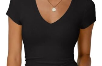 RIROW Damen Rippshirt V-Ausschnitt Slim Fit Sommer T-Shirt Schwarz, M