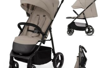 Kinderkraft TRIG 3 Kinderwagen, Kinderbuggy, Liegewagen, Sportwagen, Buggy, Zusammenklappen, Breite und tiefe Sitz, mit Liegeposition, 4 Rad Dämpfung, Große Dach, 5-Punkt-Gurt, bis zu 25 kg, Beige