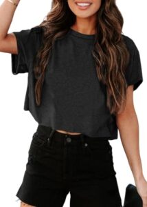 Tankaneo Damen Crop Top Oversize Sport T Shirt Rundhals,Schwarz,L