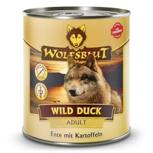 WOLFSBLUT – Wild Duck Adult | Nassfutter mit wertvollen Superfoods für ausgewachsene Hunde. Getreidefreies Alleinfutter ohne Zusatzstoffe in der Dose | 6x800g Ente