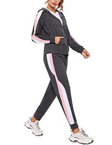 Litherday Jogginganzug Damen Lang Freizeitanzug Baumwolle Trainingsanzug Frauen Streifen Sportanzug Fitnessanzug mit Taschen, Dunkelgrau, S