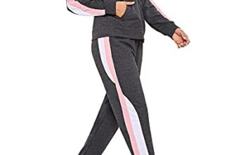 Litherday Jogginganzug Damen Lang Freizeitanzug Baumwolle Trainingsanzug Frauen Streifen Sportanzug Fitnessanzug mit Taschen, Dunkelgrau, S