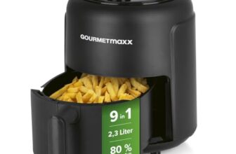 GOURMETmaxx Heißluftfritteuse 2,3L | Airfryer mit 60 Minuten Timer und 9 Funktionen inkl. Vorheizen & Warmhalten | energiesparend & geruchsarm frittieren – nahezu ohne Öl | 1000 W