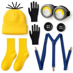 Minion Kostüm Erwachsene Set 7-teilig – Gelbe Mütze, Brille, Handschuhe, Socken, Blaue Hosenträger & Knöpfe, Kostüm, Lustiges Karneval Kostüm Damen & Herren – Faschingskostüme Damen
