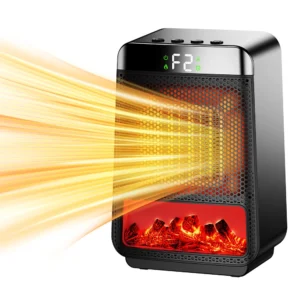 1500W 3D Dynamischer Flammenheizlüfter PTC Schnellheizgerät 2-Gänge Heißluft Umgebungslicht 4-Gänge Timerfunktion für Zu