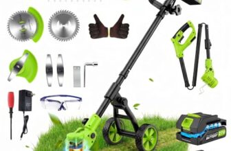 4 in 1 Rasentrimmer mit Akku,Rasenkantenschneider mit 2 × 2,0 Ah Batterie und Ladegerät,90°Drehkopf,Abnehmbaren Rädern,Freischneider mit 4 Klingentypen& Abnehmbaren Rädern für Gärten,Höfe,Rasen