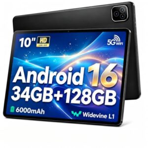 NIDUBIO Tablet 10 Zoll Android 16 Tablet, Octa Core, 34 GB RAM + 128 GB ROM, 6000 mAh Akku, 1280×800 IPS Touchscreen, WiFi 6, Bluetooth 5.4, Gesichtsentsperrung, Dual Kameras, Schwarz
