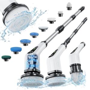 Leebein Elektrische Reinigungsbürste,Electric Spin Scrubber schnurlos mit 8 austauschbaren Bohrbürstenköpfen, Wanne und Bodenfliese mopSet mit 137cm verstellbarem Griff für Bad Küche Auto Fußboden