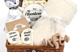 Neugeborenen Geschenk, 7-in-1Baby Geschenkset für Jungen Mädchen: Baby Decke,Schmusetuch, Holzrassel mit Elefant, Lätzchen,Socken in Geschenkbox|Baby Geburt Geschenk, Babyparty Idee-Beige