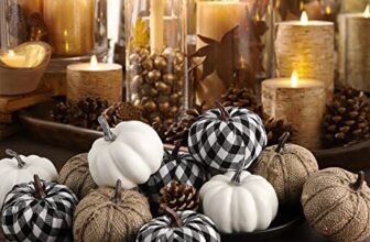 Benjia 12 Stück Kürbis Herbst Deko Dekoration Draußen, Leinen Klein Schwarz und weiß Karierter Stoff Sackleinen Kürbisse Zierkürbisse Herbstdeko Herbstdekorationen Halloween