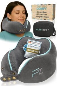 FLOWZOOM Comfy Nackenkissen Flugzeug & Auto – Einstellbares Memory Foam Reisekissen mit flexiblen Druckknöpfen für 360° Stütze, atmungsaktiver weicher Bezug – inkl. Transportbeutel – Grau