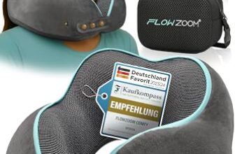 FLOWZOOM Comfy Nackenkissen Flugzeug & Auto – Einstellbares Memory Foam Reisekissen mit flexiblen Druckknöpfen für 360° Stütze, atmungsaktiver weicher Bezug – inkl. Transportbeutel – Grau