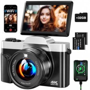 Digitalkamera 4K 64MP mit WLAN, Autofokus Vlogging-Kamera & Webcam, 3″ 180° Klappdisplay, 16-Fach Digitalzoom, Verwacklungsschutz, 32GB SD-Karte, Ladestation & 2 Akkus für Anfänger und Jugendliche