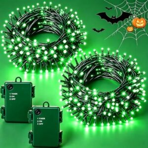 Halloween Lichterkette Outdoor, Insgesamt 12M 120er Grün Lichterketten Batterie mit Timer, IP65 Wasserdicht für Halloween Party Dekoration Herbst Kamin Treppe Veranda Außen Innen Dekor, 2 Stück