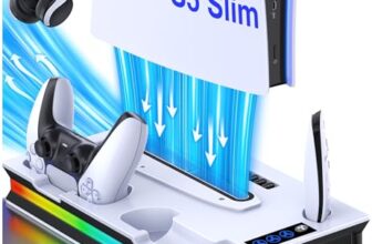 ALEEMTRY PS5 Standfuß für PS5 Slim/PS5 Pro/PS5 Konsole mit LED Licht, PS5 Pro Standfuß mit 3-Stufig Lüfter/2 PS5 Controller Ladestation/4 Typ-C-Adapter/1 Haken, Vertikaler PS5 Ständer