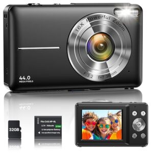 Digitalkamera 1080P 44MP Vlogging Kamera für Kinder Jugendliche, FHD Kompaktkamera Fotokamera mit 2,4″ Bildschirm 16X Zoom, Anti-Shake Minikamera für Anfänger Studenten Jungen Mädchen-Schwarz