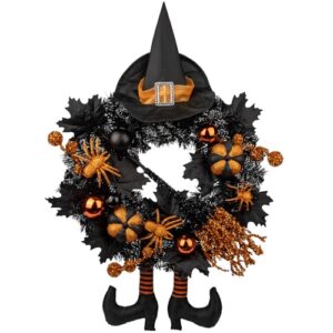 Briful Halloween Türkranz 50 cm – Künstlicher Gruselkranz Tinsel Hexenkranz mit Hut & Beinen Spinne, Kürbis – Schwarze Herbst Türdeko für Halloween Party, Haustür, Fenster & Wand