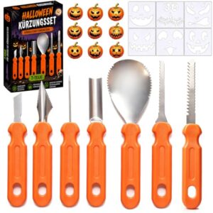 SIMENTY Kürbis Schnitzset,7 Stück Edelstahl Kürbis Schnitzwerkzeuge Set,6 Stück langlebige PVC Motivvorlagens für Kinder & Erwachsene,Halloween Pumpkin Carving Kit für Halloween DIY Dekoration