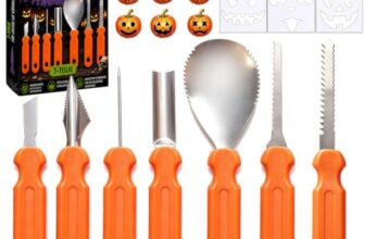 SIMENTY Kürbis Schnitzset,7 Stück Edelstahl Kürbis Schnitzwerkzeuge Set,6 Stück langlebige PVC Motivvorlagens für Kinder & Erwachsene,Halloween Pumpkin Carving Kit für Halloween DIY Dekoration