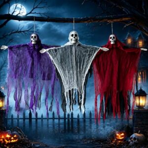 Halloween Deko Hängender Geist 3er Set, 70 x 90 cm Halloween Dekoration mit Geist Figur, Lila Rot Schwarz-Weiß, Geist Deko zum Aufhängen, Grusel Deko für Spukhaus, Party, Garten, Tür & Fenster
