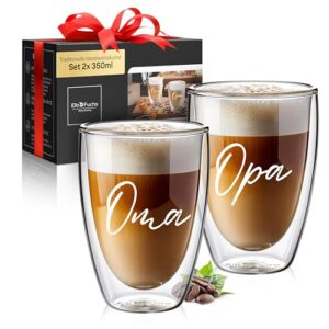 ElbFuchs® Doppelwandige Latte Macchiato Gläser | OMA + OPA | 2x 350ml [GESCHENKIDEE] Kaffeegläser doppelwandig ideal als Schwangerschaftsverkündung für Oma und Opa und werdende Großeltern