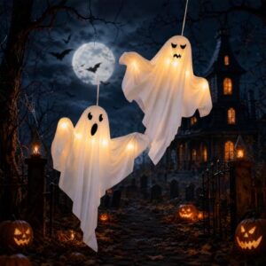 Efymosce 2 Stück Halloween Deko Outdoor Geist, Geister Windsack mit LED, Halloween Dekorationen Hängende für Outdoor, Vorgarten, Terrasse, Rasen, Garten, Partydekor