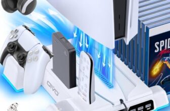 OIVO PS5/PS5 Slim/PS5 Pro Ständer mit 3 stufig Lüfter und Licht, PS5 Standfuß mit 4 USB Ports/Controller Ladestation/Headset Halter/Remote Steckplatz/14 Spiele Aufbewahrung für PS5 Zubehör