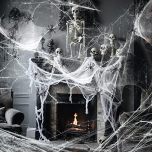 SUNBEAUTY 1000sqft Spinnennetze Halloween Spinnennetz Deko Dehnbare mit 40 Stück Mini Spinnen für Halloween Innen/Außen Party Decor, Garten, Häuser, Tür Fenster, Kamin, Horror Spukhaus, Hof Grusel