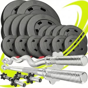 Hop-Sport Hantelset 75 kg | Langhantel 167 cm + SZ-Stange 120 cm + 2 Kurzhanteln 45 cm Ø 30 mm | Bitumen Hantelscheiben aus Kunststoff | Hantelscheiben 30 mm | Krafttraining Zuhause & Home Gym