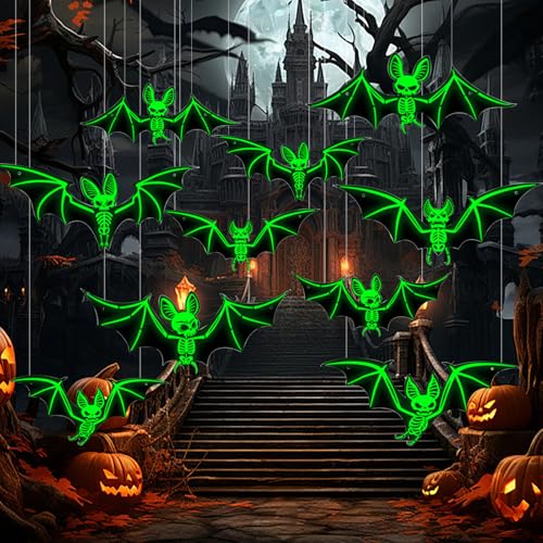 Halloween Deko, 10 Stück Halloween Fledermaus Deko Leuchtender Outdoor Decorations Wasserdichtes PVC Wanddeko Horror für Partydekorationen