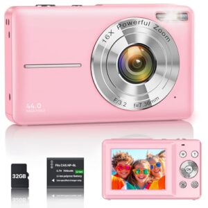 Digitalkamera 1080P 44MP Vlogging Kamera für Kinder Jugendliche, FHD Kompaktkamera Fotokamera mit 2,4″ Bildschirm 16X Zoom, Anti-Shake Minikamera für Anfänger Studenten Jungen Mädchen-Rosa