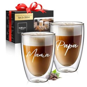 ElbFuchs® Doppelwandige Latte Macchiato Gläser | MAMA + PAPA | 2x 350ml [GESCHENK FÜR ELTERN] Thermogläser für Cappuccino | Kaffegläser | Teegläser